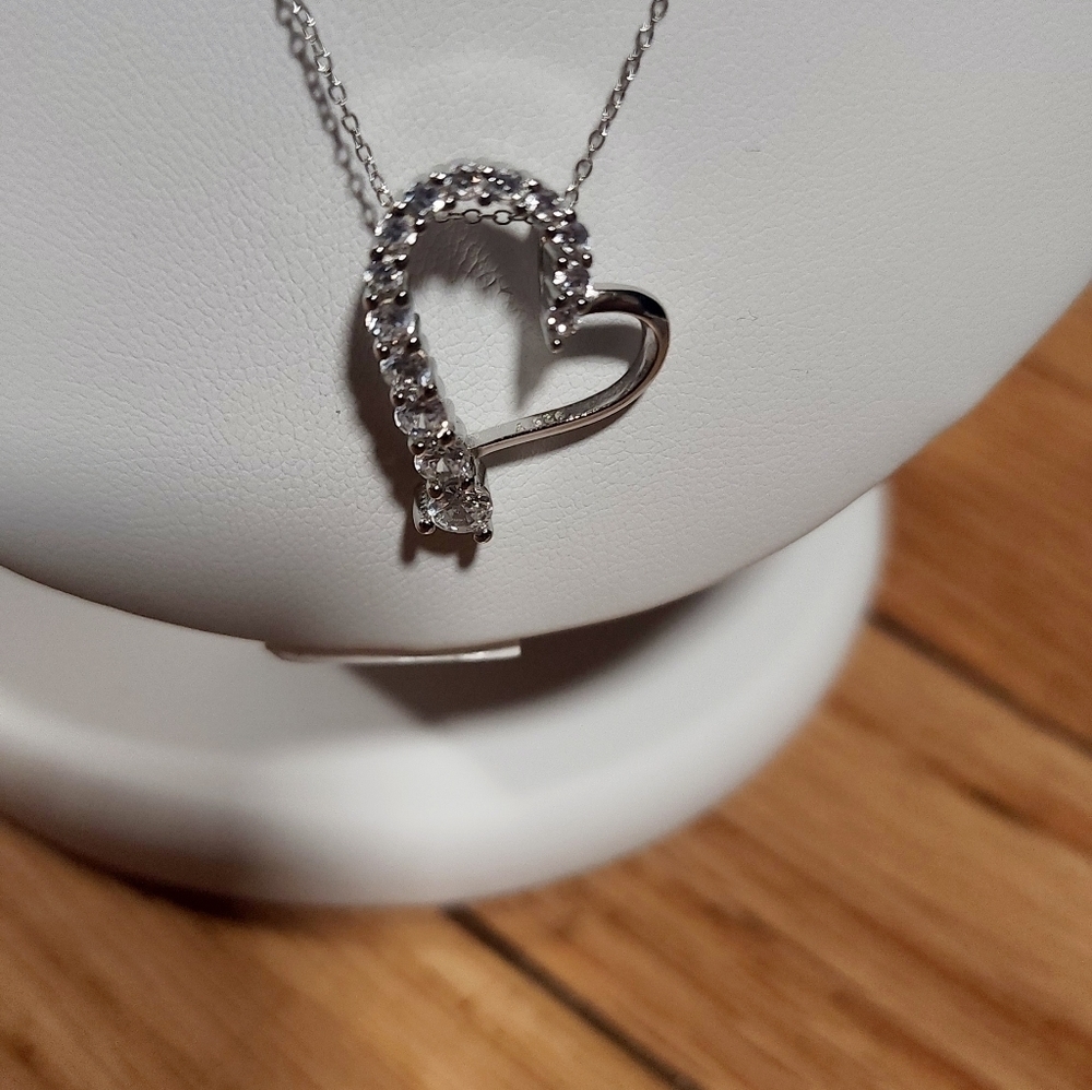 white Cubic Zirconia Rhodium Over Sterling Silver Heart Pendant - Picture 6 of 8